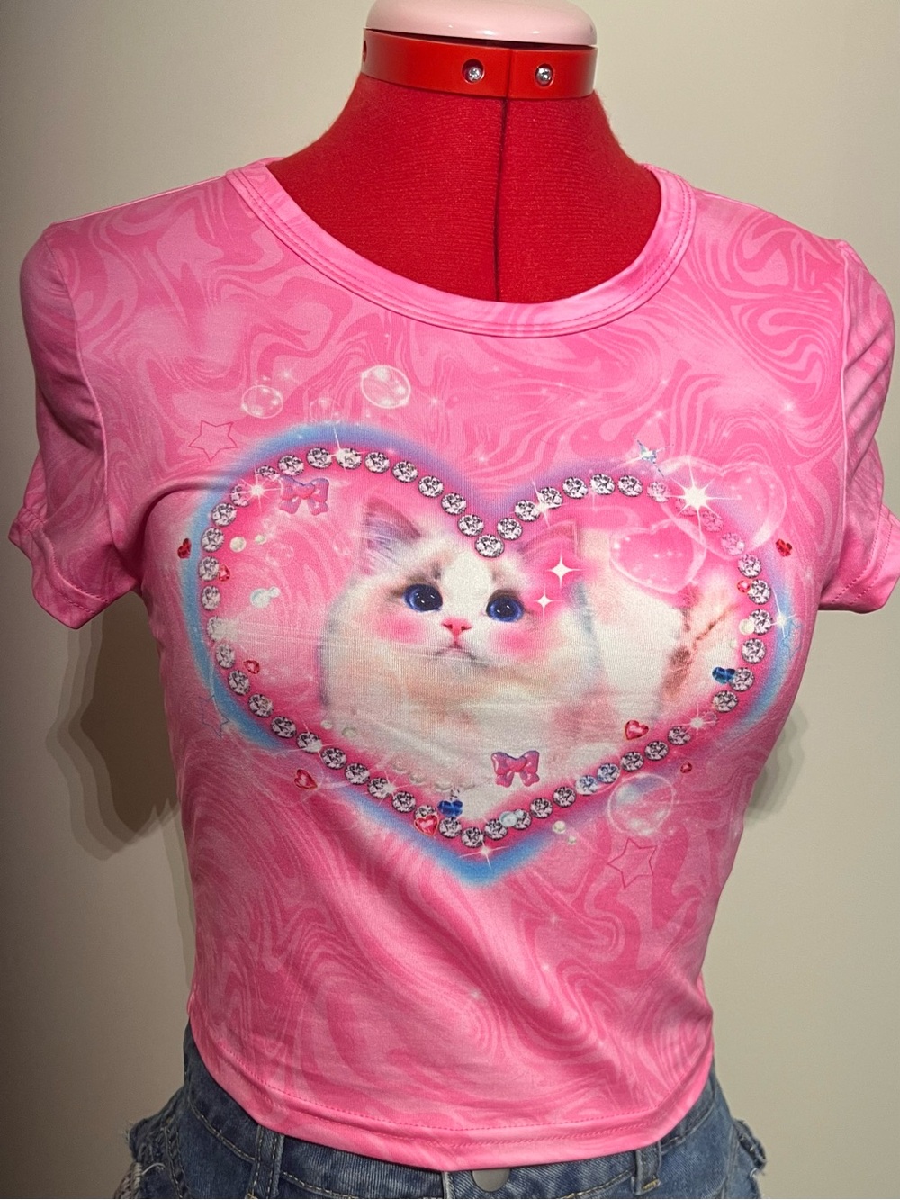 Two Cute Pink Cat Heart Graphic Pet Lover Tees M